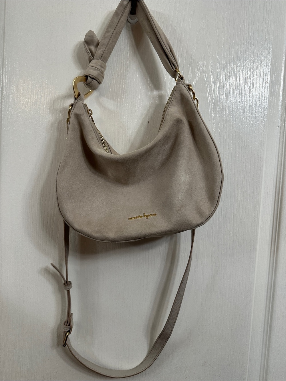 Nanette Lepore taupe suede shoulder bag with gold chain